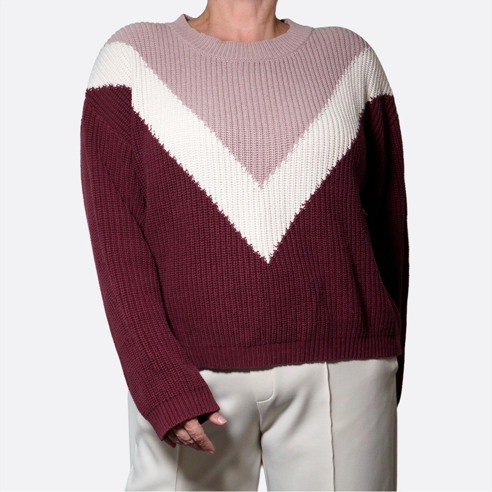 Merlot Chevron Cotton Blend Sweater Oversized Colorblock‎ Pullover 2X Old Money